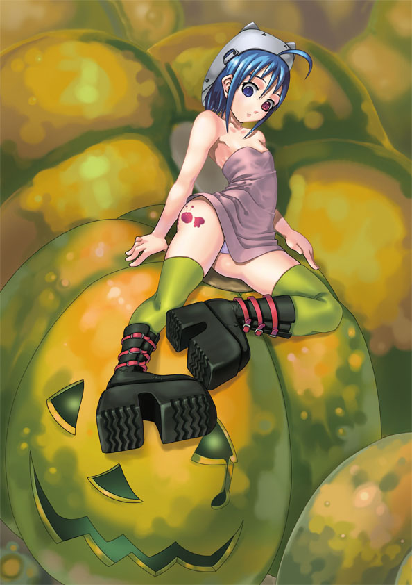blue eyes, flat chest, heterochromia, jack-o'-lantern, panties, pumpkin, red eyes, solo, thighhighs, underwear