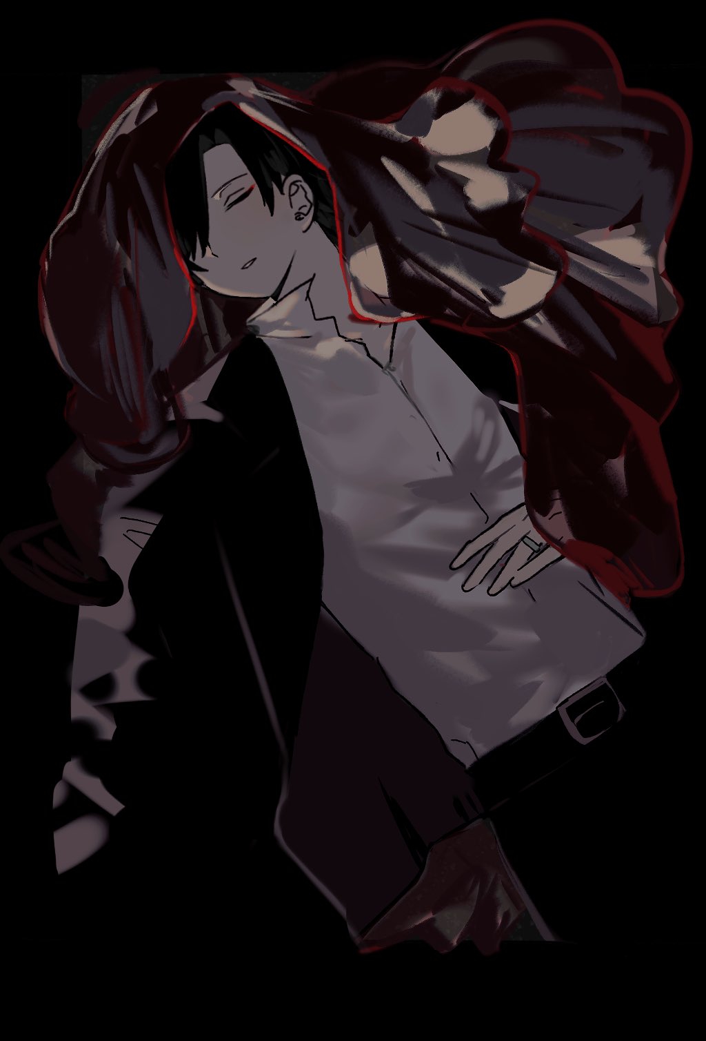 creeze, ooe (game), highres, 1boy, ariake (ooe), belt, black background, black hair, black jacket, black pants, closed eyes, collared shirt, hair over one eye, jacket, jewelry, lying, male focus, on back, pants, parted lips, ring, shirt, short hair, simple background, solo, veil, white shirt