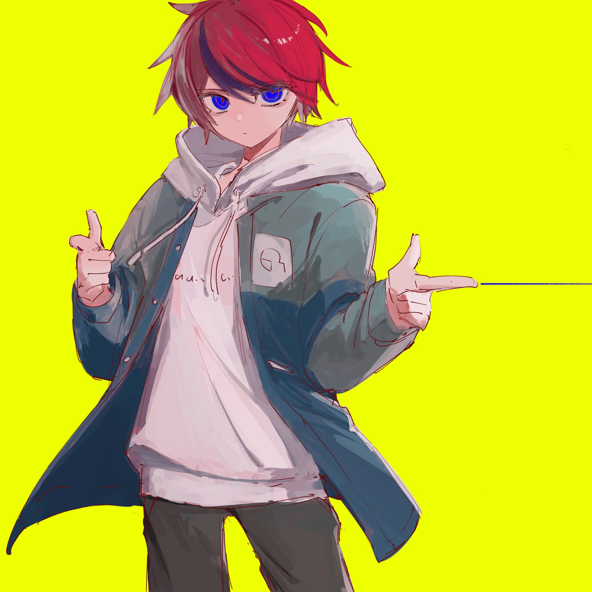 sumino takumi, the hundred line -last defense academy-, commentary request, highres, 1boy, black hair, black pants, blue eyes, blue jacket, closed mouth, cowboy shot, double finger gun, drawstring, emu150 mk, expressionless, finger gun, grey jacket, hood, hood down, hoodie, jacket, jacket over hoodie, long sleeves, male focus, multicolored hair, multicolored jacket, open clothes, open jacket, pants, red hair, short hair, simple background, solo, streaked hair, two-tone hair, two-tone jacket, white hoodie, yellow background
