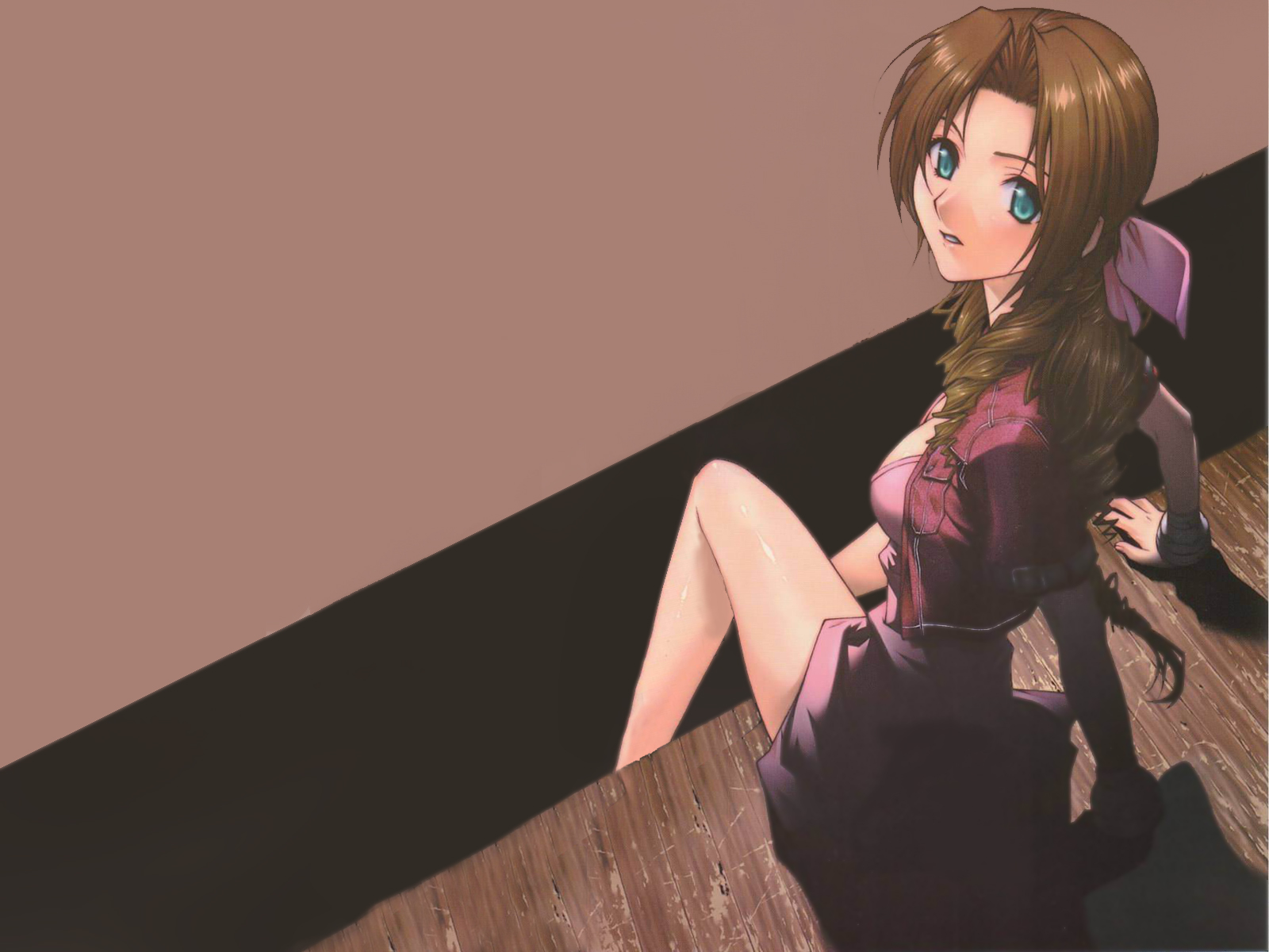 nitta kumi, aerith gainsborough, final fantasy, final fantasy vii, highres, 1990s (style), 1girl, blue eyes, brown hair, cropped jacket, dress, female focus, long hair, retro artstyle, ribbon, sitting, solo