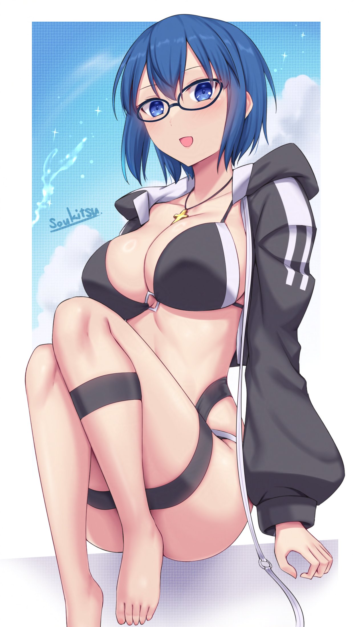 soukitsu, ciel (tsukihime), mysterious executor c.i.e.l (fate), fate/grand order, fate (series), tsukihime, c.i.e.l (fate), highres, 1girl, bikini, black bikini, black jacket, blue eyes, blue hair, blush, border, breasts, glasses, jacket, large breasts, short hair, solo, swimsuit, white border