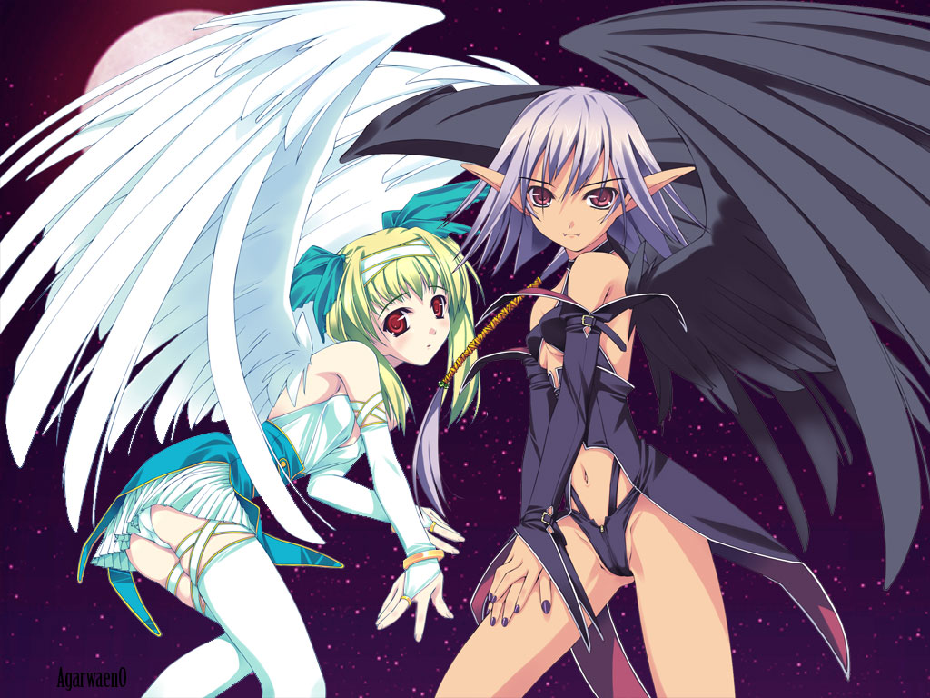 murakami suigun, silver hair, 2girls, angel, black wings, blonde hair, elf, green hair, headband, jewelry, multiple girls, nail polish, pointy ears, purple hair, purple nails, red eyes, thighhighs, white wings, wings