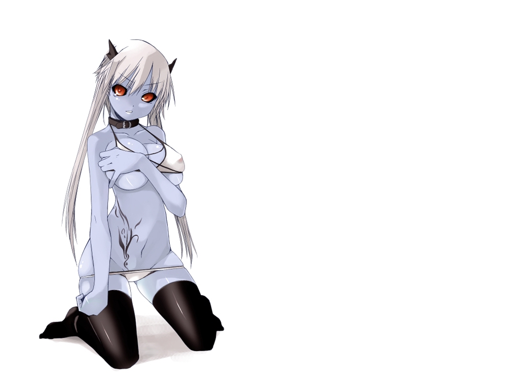 1girl, black thighhighs, blue skin, collar, colored skin, demon, female focus, horns, long hair, looking at viewer, lowleg, lowleg panties, panties, red eyes, solo, thighhighs, underwear, white hair