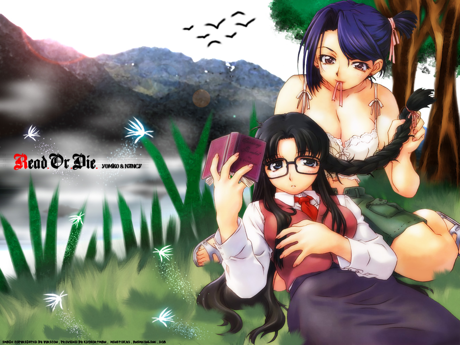 nancy, uon taraku, nancy makuhari, yomiko readman, r.o.d the tv, read or die, highres, official art, official wallpaper, third-party edit, 00s, 2girls, alternate hairstyle, bare shoulders, bird, black-framed eyewear, black hair, blue eyes, blue hair, blurry, blush, book, braid, braiding hair, breasts, buttons, camisole, casual, character name, cleavage, copyright name, crop top, day, depth of field, dress shirt, earrings, fairy, fingernails, glasses, glowing, grass, hair ribbon, hairdressing, high collar, holding, jewelry, lace, lap pillow, large breasts, lens flare, long fingernails, long hair, long sleeves, looking at viewer, looking down, lying, messy hair, midriff, mountain, mouth hold, multiple girls, nature, navel, necktie, on back, on ground, open book, open fly, outdoors, parted bangs, parted lips, pencil skirt, photo background, pink eyes, reading, reclining, red necktie, ribbon, rod, sandals, shirt, short hair, shorts, side braid, side ponytail, sidelocks, single braid, sitting, skirt, sky, sparkle, steam, swept bangs, tomboy, tree, unzipped, very long hair, vest, wariza, water, watermark