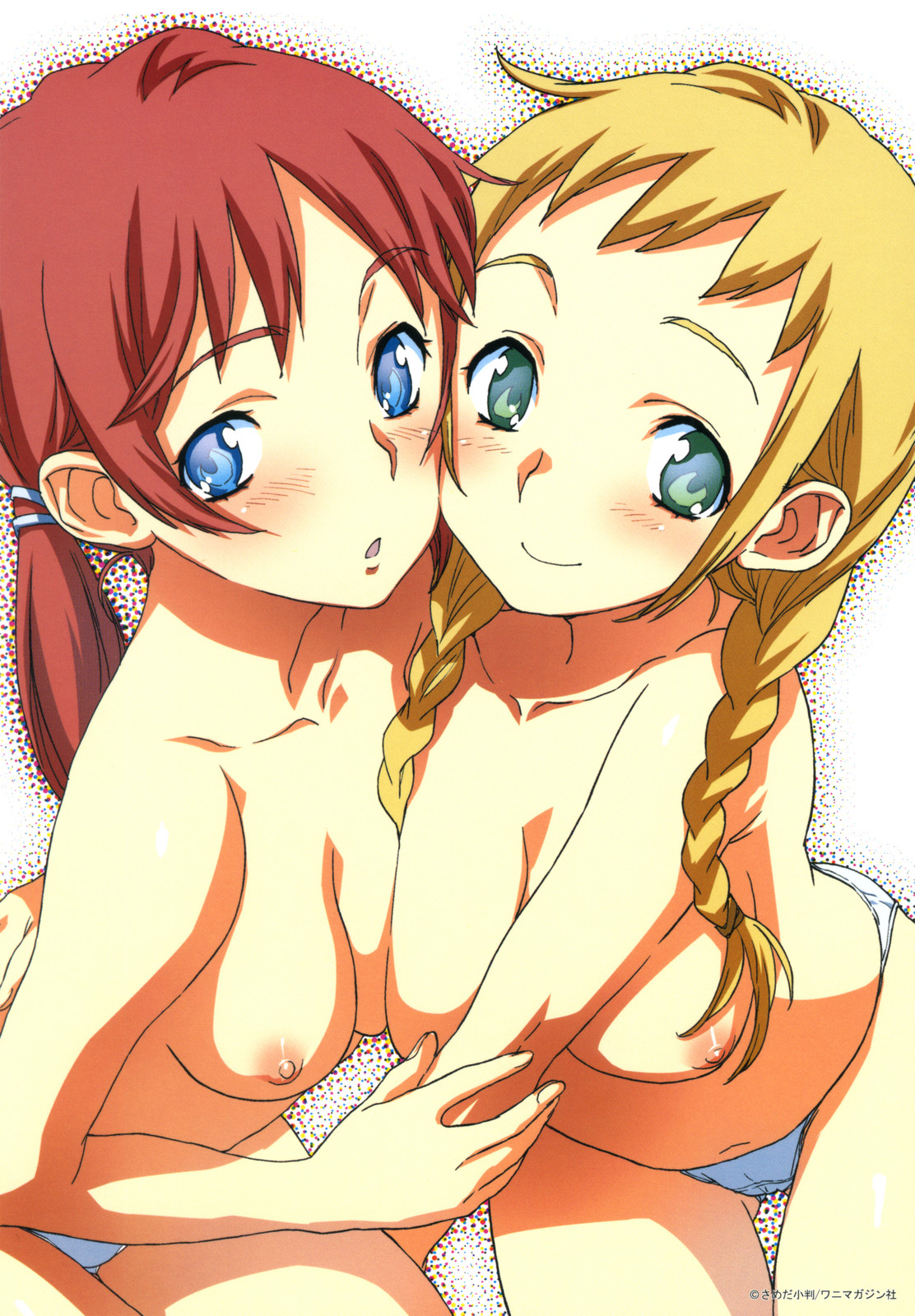 sameda koban, highres, 2girls, blonde hair, blue eyes, braid, breasts, cheek-to-cheek, green eyes, heads together, multiple girls, nipples, panties, red hair, topless female, twin braids, twintails, underwear