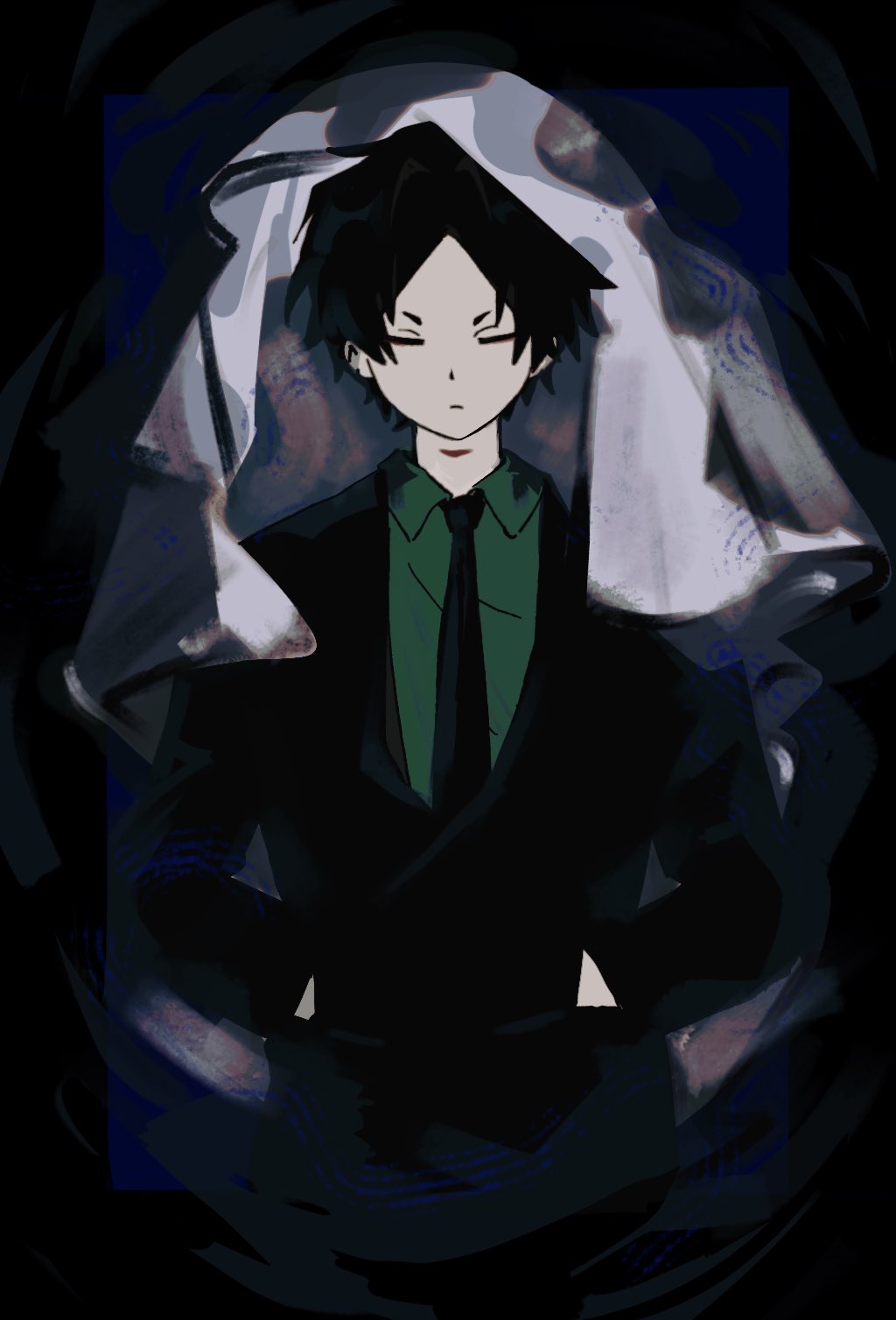 creeze, ooe (game), highres, 1boy, aomi (ooe), black hair, black jacket, black necktie, black pants, closed eyes, closed mouth, collared shirt, facing viewer, formal clothes, green shirt, hands in pockets, jacket, long sleeves, male focus, necktie, pants, shirt, short hair, solo, suit