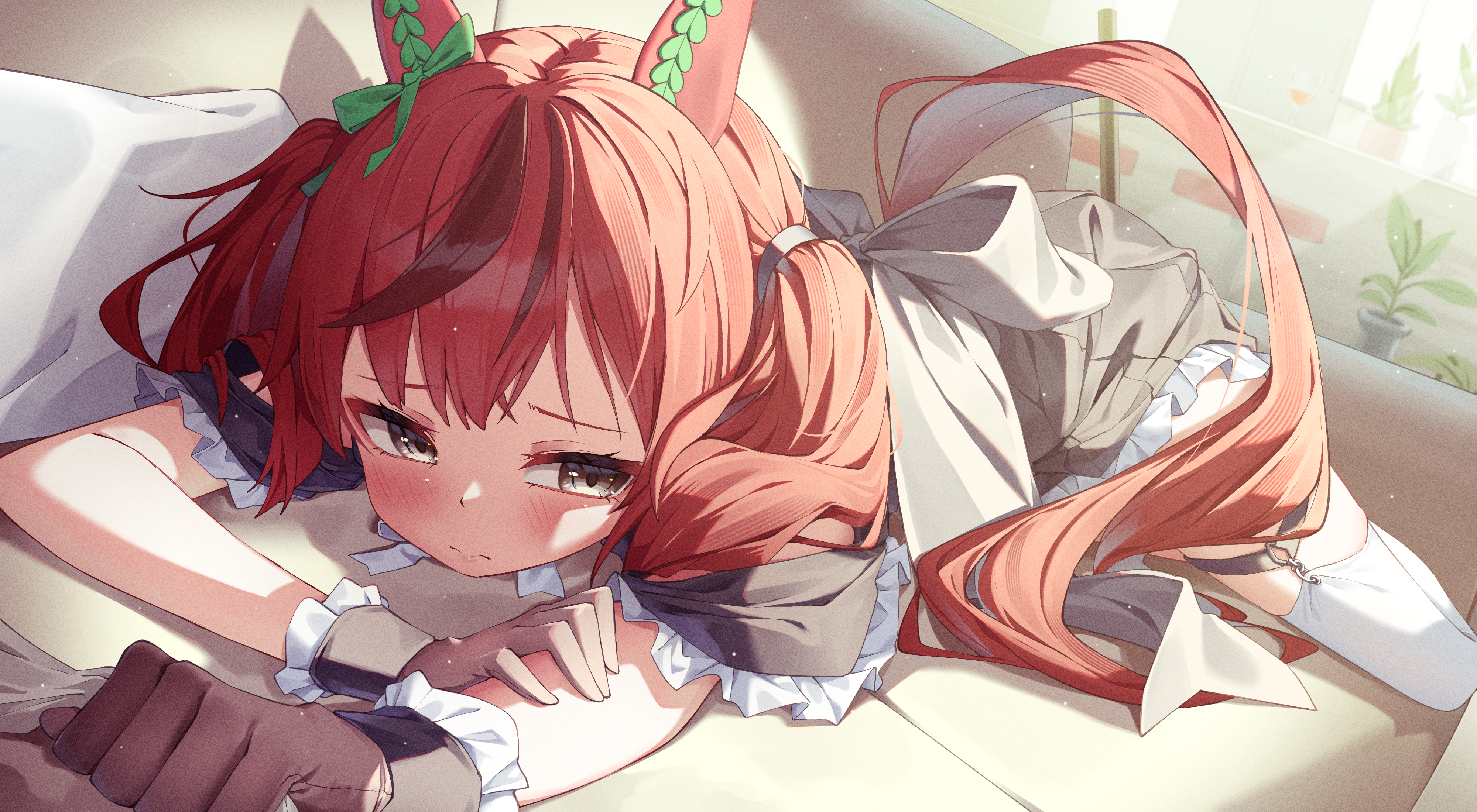 maeru, nice nature (umamusume), umamusume, absurdres, commentary, highres, 1girl, alternate costume, animal ears, black dress, black gloves, black streaks, blush, bow, brown hair, brown tail, closed mouth, couch, dress, ear covers, ear ornament, ear ribbon, frilled dress, frills, gloves, green ribbon, horse ears, horse girl, horse tail, long hair, lying, on couch, on stomach, ribbon, solo, tail, thighs, twintails