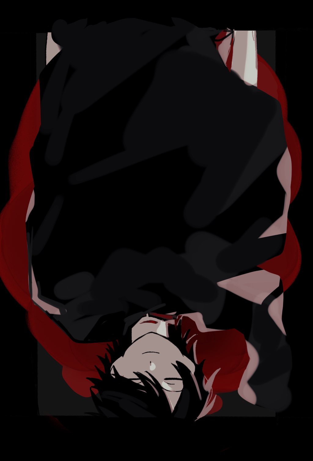 creeze, ooe (game), highres, 1boy, black background, black border, black hair, border, closed eyes, closed mouth, daiba shizuma, facing viewer, hair over one eye, male focus, short hair, smile, solo, upside-down