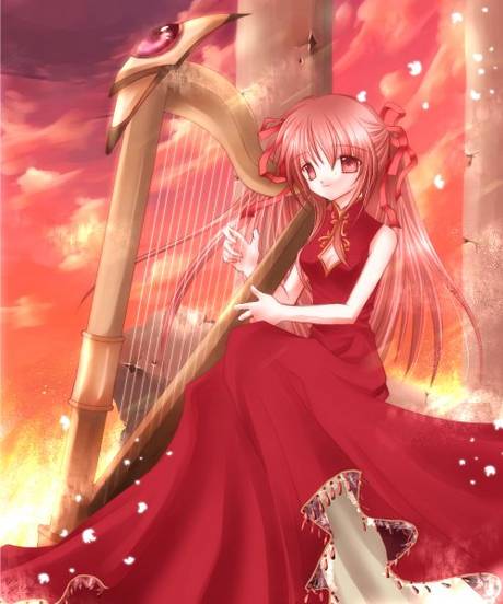 tagme, harp, instrument, red hair, ribbon