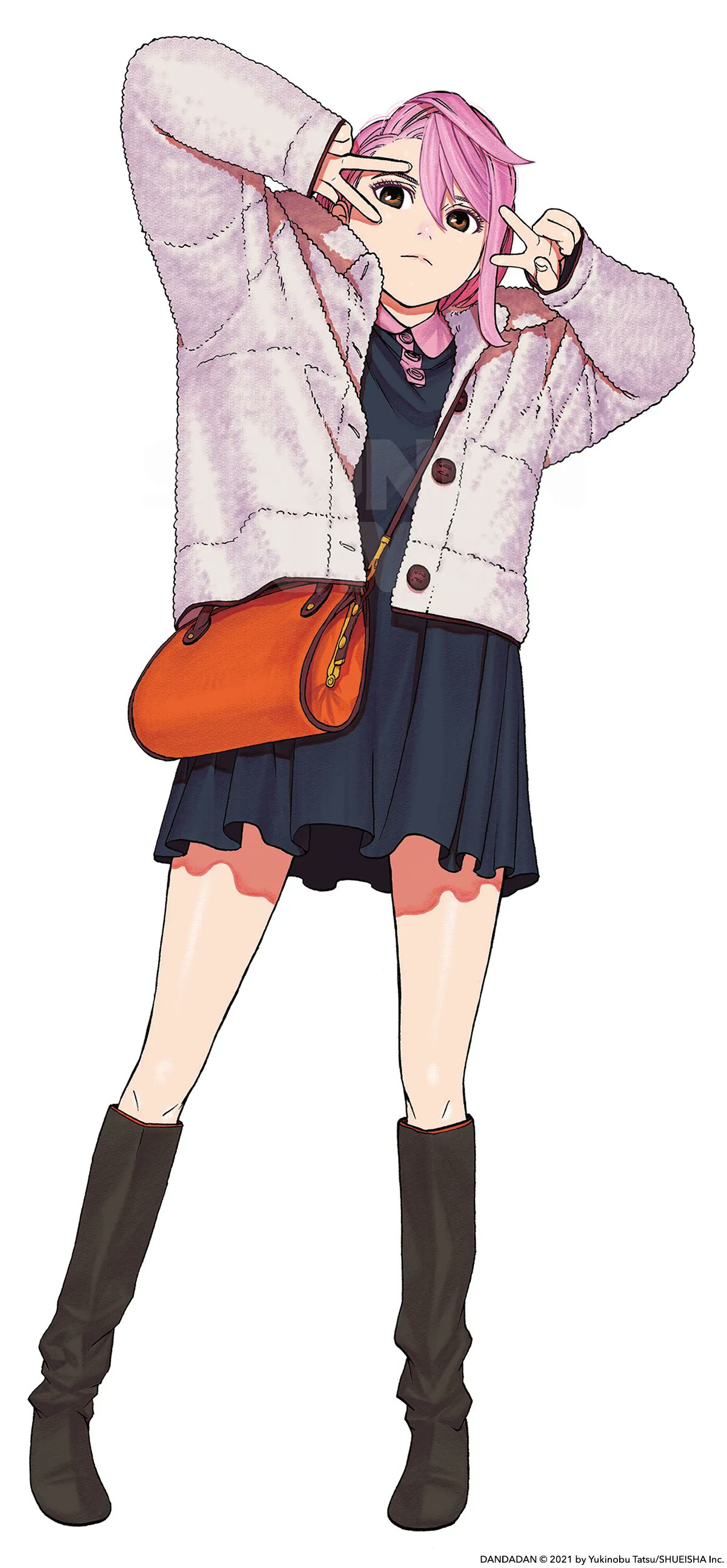 tatsu yukinobu, dandadan, absurdres, highres, official art, 1girl, bag, boots, double v, fur collar, fur jacket, fur trim, jacket, long sleeves, looking at viewer, pink hair, short hair, shoulder bag, skirt, solo, v