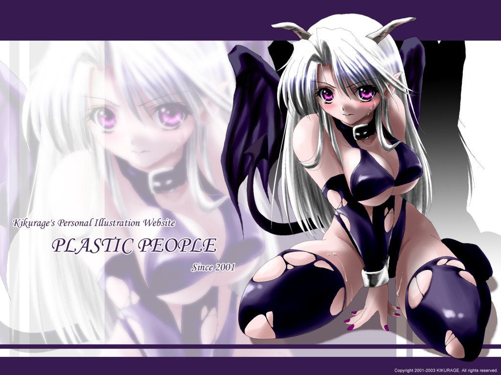 kikurage (plastic people), original, silver hair, 1girl, blush, demon, demon girl, demon horns, demon tail, demon wings, female focus, horns, long hair, pointy ears, purple eyes, solo, tail, tears, thighhighs, torn clothes, wings, zoom layer