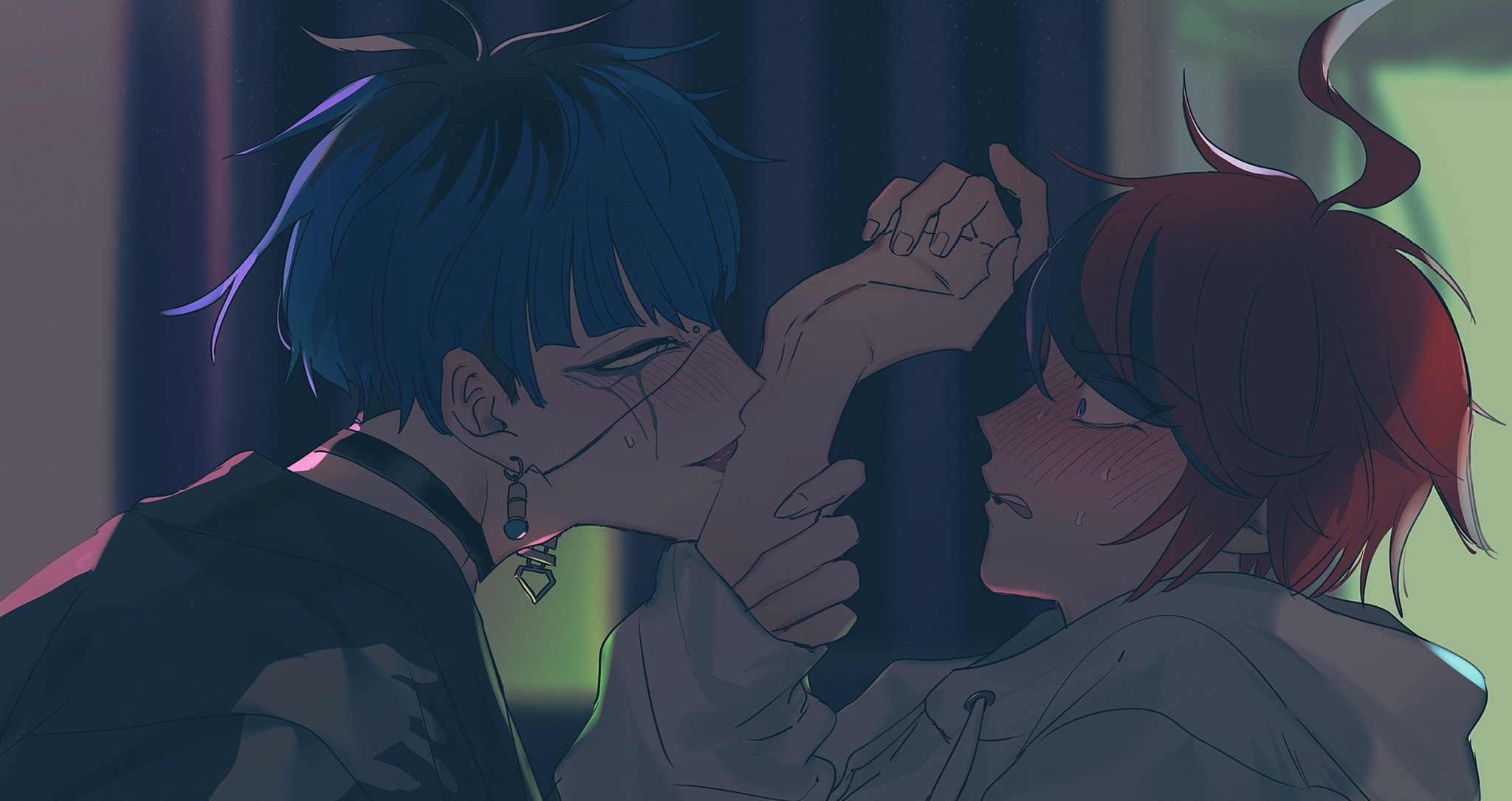 omokage yugamu, sumino takumi, the hundred line -last defense academy-, commentary request, highres, 2boys, ahoge, black choker, black hair, blue eyes, blue hair, blush, choker, constricted pupils, dorodorodo412, earrings, from side, holding another's arm, hood, hoodie, indoors, jewelry, licking, licking another's arm, long sleeves, male focus, multicolored hair, multiple boys, open mouth, red hair, roots (hair), short hair, streaked hair, sweat, two-tone hair, white hoodie, yaoi