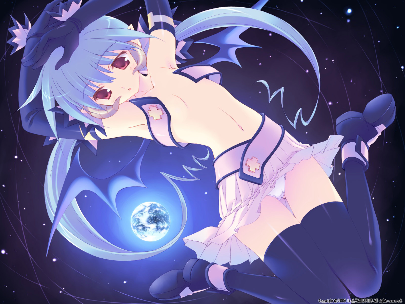 amazuyu tatsuki, mitsumi misato, ruby lilim, fullani, highres, official art, official wallpaper, 1girl, armpits, arms up, bandeau, bat wings, belt, black thighhighs, blue hair, boots, clothes lift, demon, demon girl, dutch angle, earth (planet), elbow gloves, female focus, flat chest, gloves, hair ribbon, horns, kneeling, loli, long hair, midriff, navel, open clothes, open mouth, panties, planet, pleated skirt, pointy ears, red eyes, ribbon, skirt, skirt lift, solo, space, thigh gap, thighhighs, twintails, underwear, upskirt, very long hair, wardrobe malfunction, white panties, wind, wind lift, wings, zettai ryouiki