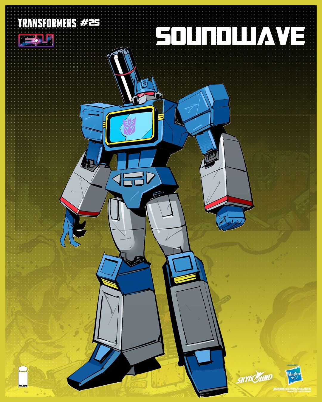 dan mora, soundwave (transformers), transformers, highres, official art, 1boy, clenched hand, copyright name, decepticon, humanoid robot, joints, looking at viewer, mechanical arms, mechanical legs, no humans, red eyes, robot, robot joints, shoulder cannon, solo, transformers (skybound), weapon