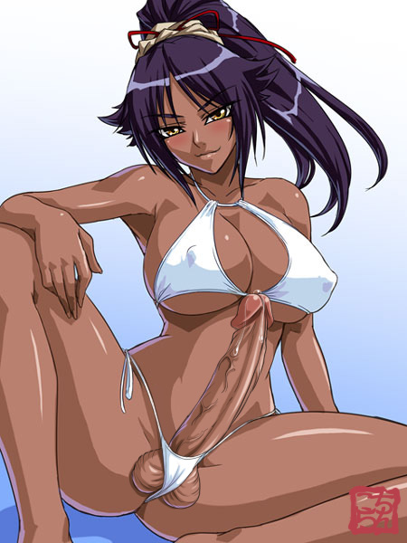 elzikyuchi, kagami hirotaka, shihouin yoruichi, bleach, third-party edit, 00s, 1futa, bikini, black hair, breasts, cleavage, covered erect nipples, dark-skinned female, dark skin, erection, futanari, hip focus, huge penis, large breasts, legs, panties, penis, ponytail, precum, side-tie bikini bottom, side-tie panties, sitting, solo, spread legs, swimsuit, testicles, thighs, uncensored, underwear, yellow eyes