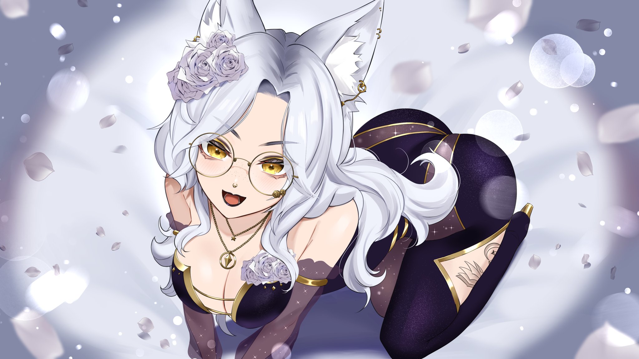 k (art71), indie virtual youtuber, highres, second-party source, 1girl, animal ear fluff, animal ears, ass, black lips, breasts, cleavage, clothing cutout, earrings, flower, gold earrings, gold necklace, gold trim, grey hair, hair flower, hair ornament, jewelry, leg tattoo, long hair, necklace, open mouth, rose, shadow, solo, tattoo, virtual youtuber, vixie vee, white flower, white rose, yellow eyes