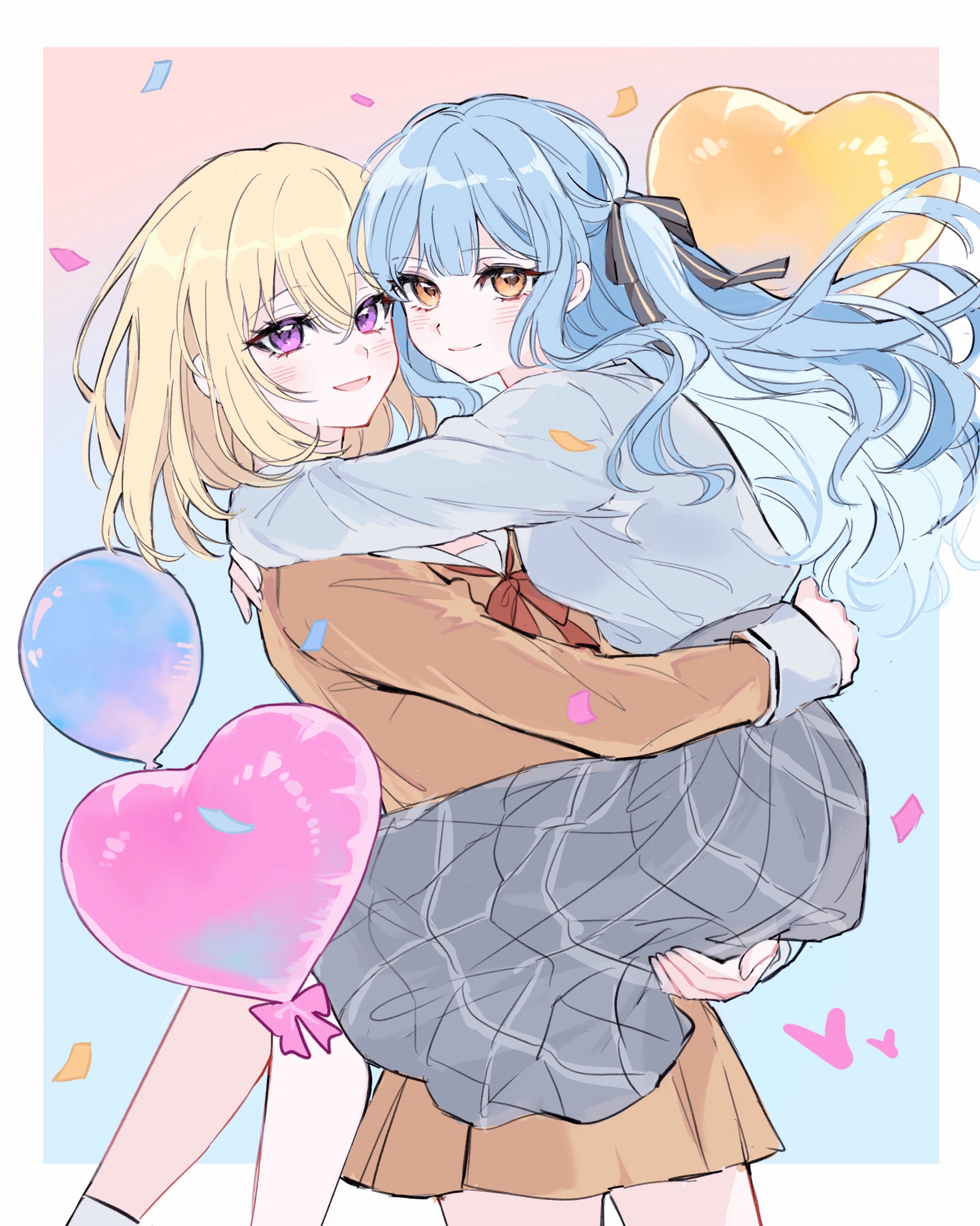 misumi uika, togawa sakiko, bang dream!, bang dream! it's mygo!!!!!, chinese commentary, commentary request, highres, 2girls, :d, black ribbon, blonde hair, blue hair, blush, border, brown dress, carrying, carrying person, closed mouth, confetti, dress, gradient background, grey shirt, grey skirt, hair between eyes, hair ribbon, hanasakigawa school uniform, heart, heart background, hug, long hair, long sleeves, looking at viewer, medium hair, multiple girls, open mouth, outside border, plaid clothes, plaid skirt, pleated skirt, purple eyes, ribbon, school uniform, shier ding bao, shirt, sidelocks, sitting, skirt, smile, two side up, white border, yellow eyes, yuri