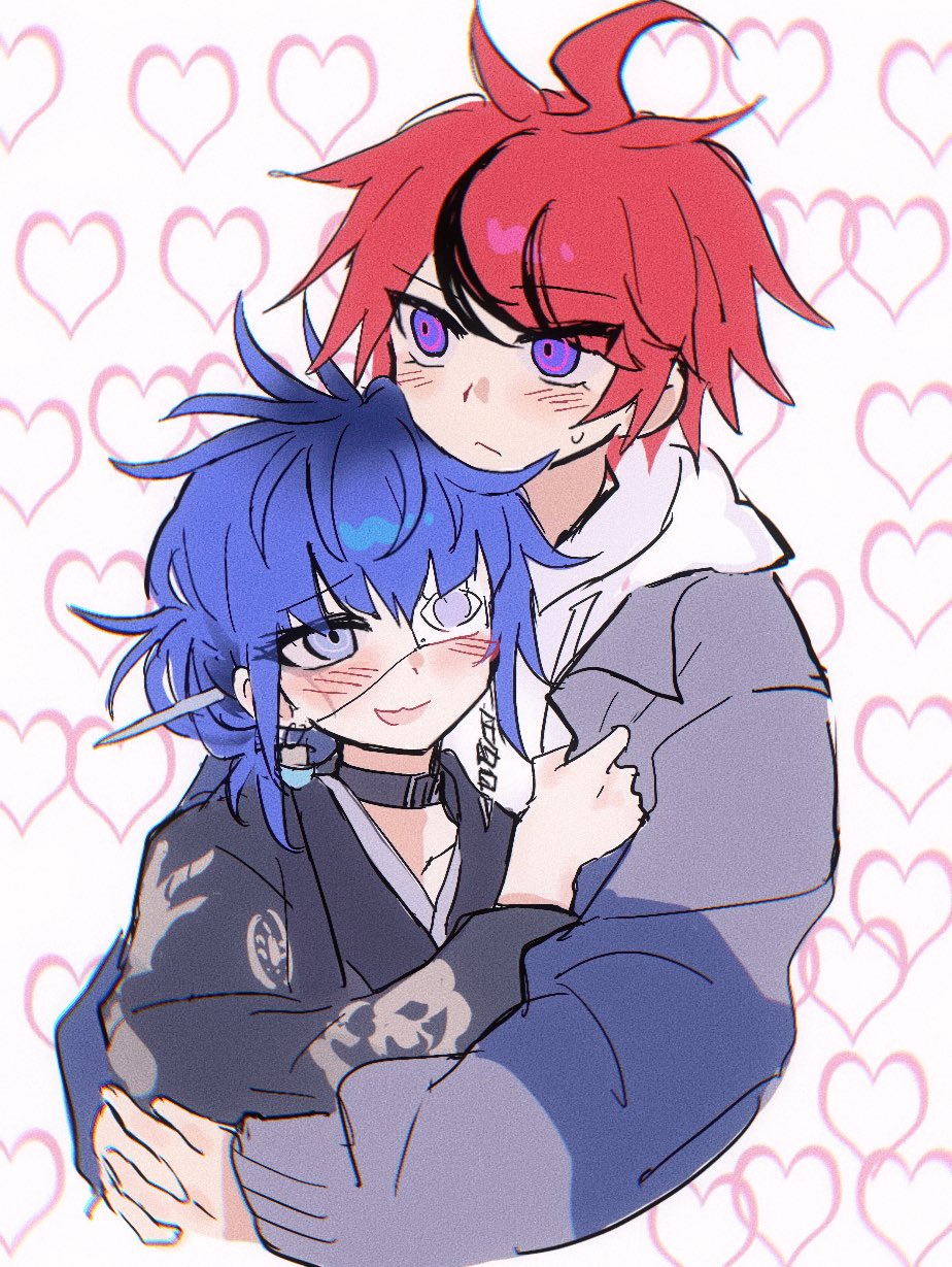 omokage yugamu, sumino takumi, the hundred line -last defense academy-, commentary request, highres, 1boy, 1girl, ahoge, belt collar, black collar, black hair, black haori, black kimono, blue eyes, blue hair, blue jacket, blush, collar, drawstring, eyepatch, film grain, genderswap, genderswap (mtf), grey jacket, haori, heart, heart background, height difference, hetero, hood, hood down, hoodie, hug, jacket, jacket over hoodie, japanese clothes, kimono, long sleeves, multicolored hair, multicolored jacket, open clothes, open jacket, print eyepatch, red hair, reinn, short hair, smile, streaked hair, sweat, tsurime, two-tone hair, two-tone jacket, white hoodie