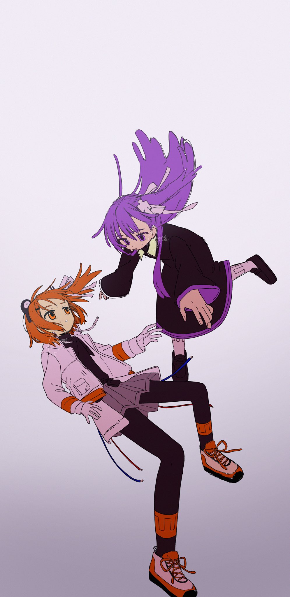 ebimayo s2, adachi rei, tsukumo shion, utau, highres, 2girls, belt, belt pouch, black leggings, black pantyhose, black shirt, cable, closed mouth, expressionless, falling, floating, floating hair, full body, gloves, gradient background, grey skirt, hair ornament, hair ribbon, headlamp, jacket, leggings, long hair, long sleeves, looking at another, medium hair, midair, multiple girls, one side up, open clothes, open jacket, open mouth, orange belt, orange eyes, orange hair, pantyhose, pleated skirt, pouch, purple eyes, purple hair, radio antenna, ribbon, shirt, shoes, shorts, skirt, sneakers, socks, turtleneck, white background, white gloves, white jacket, white ribbon, wide sleeves