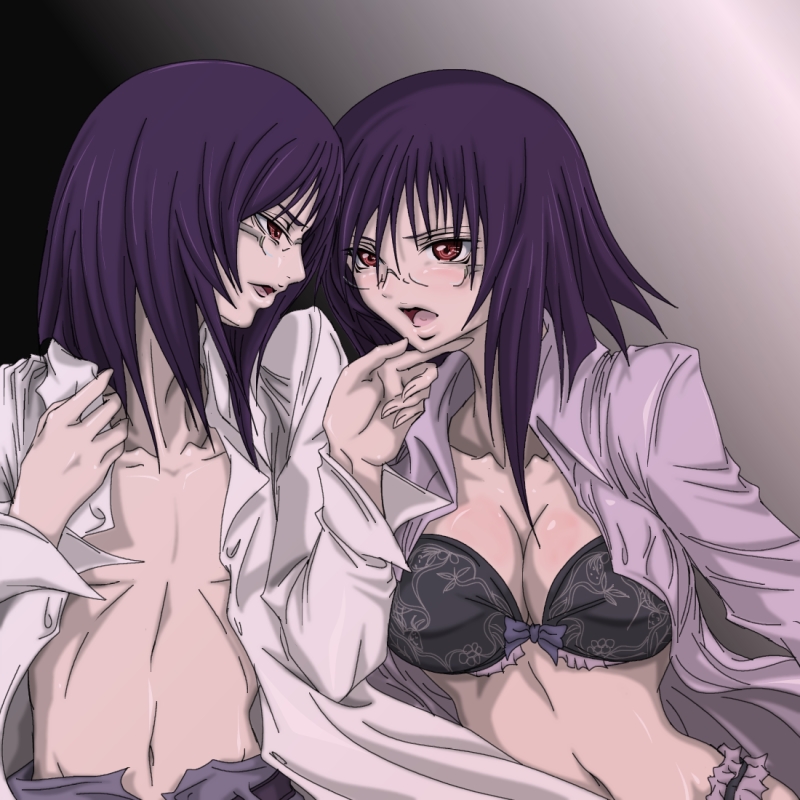 madhatter hello, tieria erde, gundam, gundam 00, 00s, 1boy, 1girl, bra, breasts, cleavage, couple, curvy, dual persona, genderswap, genderswap (mtf), glasses, hetero, large breasts, lingerie, selfcest, underwear