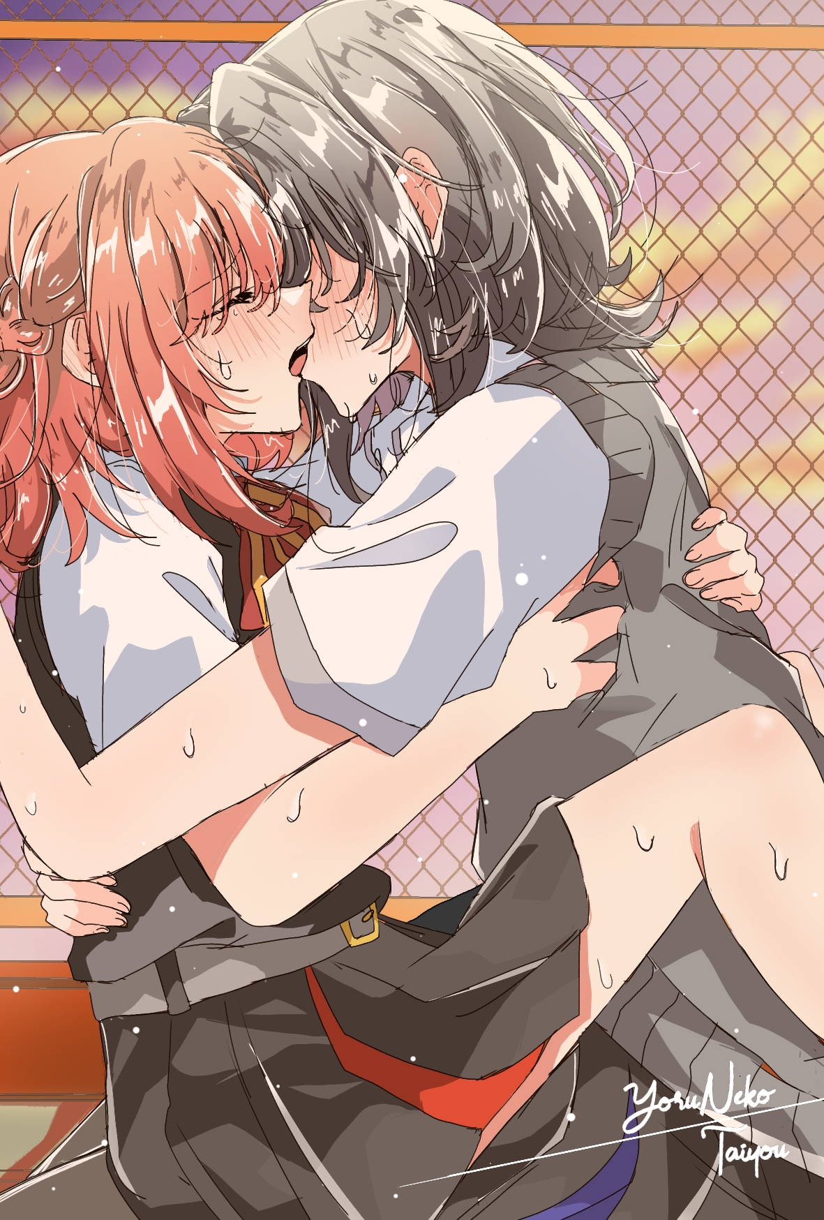 yoruneko (liampadolina), asanagi yori, kino himari, sasayaku you ni koi wo utau, commentary, english commentary, highres, 2girls, between legs, black hair, black skirt, blush, braid, chain-link fence, closed eyes, dusk, fence, french kiss, grey sweater vest, half up braid, hand on another's waist, kiss, multiple girls, orange hair, outdoors, pleated skirt, shirt, short sleeves, skirt, sunset, sweat, sweater vest, white shirt, yuri