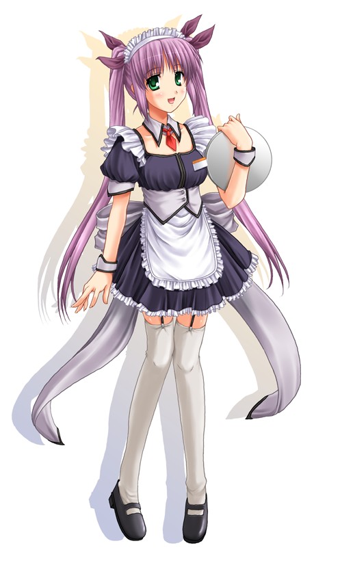 miyai sen, 1girl, female focus, full body, green eyes, purple hair, shoes, solo, standing, thighhighs, twintails, waitress, white background