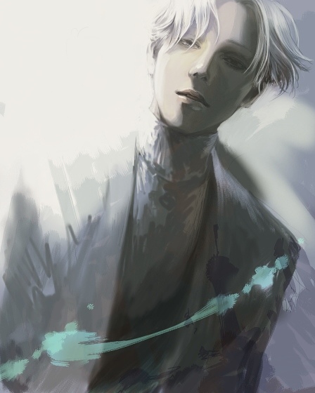 as (ashes), johan liebert, monster (manga), 1boy, dutch angle, expressionless, looking at viewer, male focus, parted lips, smear frame, solo, sweater, upper body, white hair