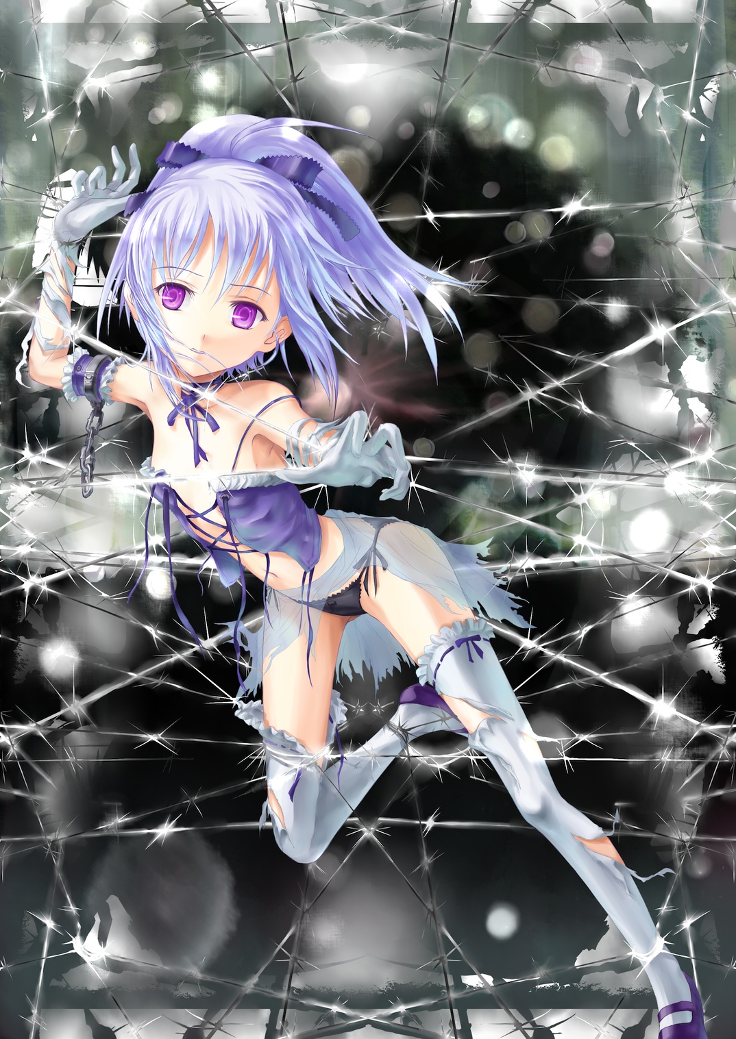 phase, mimi (mnemosyne), mnemosyne, untied, bad id, bad pixiv id, highres, 00s, 1girl, barbed wire, female focus, flat chest, loli, looking at viewer, panties, purple eyes, purple hair, side-tie panties, solo, strap slip, thighhighs, torn clothes, underwear