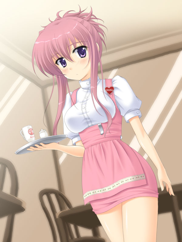 masakichi (crossroad), chikage (sister princess), anna miller, sister princess, 00s, 1girl, apron, arm at side, badge, blush, breasts, buttons, chair, character name, closed mouth, cup, female focus, folded ponytail, hair between eyes, holding, holding tray, indoors, long hair, looking at viewer, medium breasts, pink apron, pink hair, puffy short sleeves, puffy sleeves, purple eyes, shiny skin, shirt, short sleeves, sidelocks, solo, table, tray, underbust, waitress, white shirt