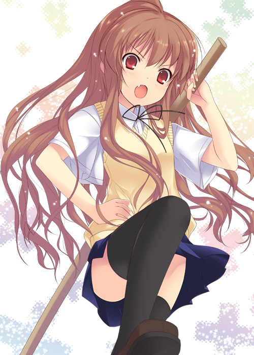 mizuki makoto, aisaka taiga, toradora!, 00s, 1girl, bokken, brown hair, censored, convenient censoring, fang, female focus, flat chest, hand on own hip, long hair, red eyes, school uniform, serafuku, solo, sword, thighhighs, very long hair, weapon, wooden sword, zettai ryouiki