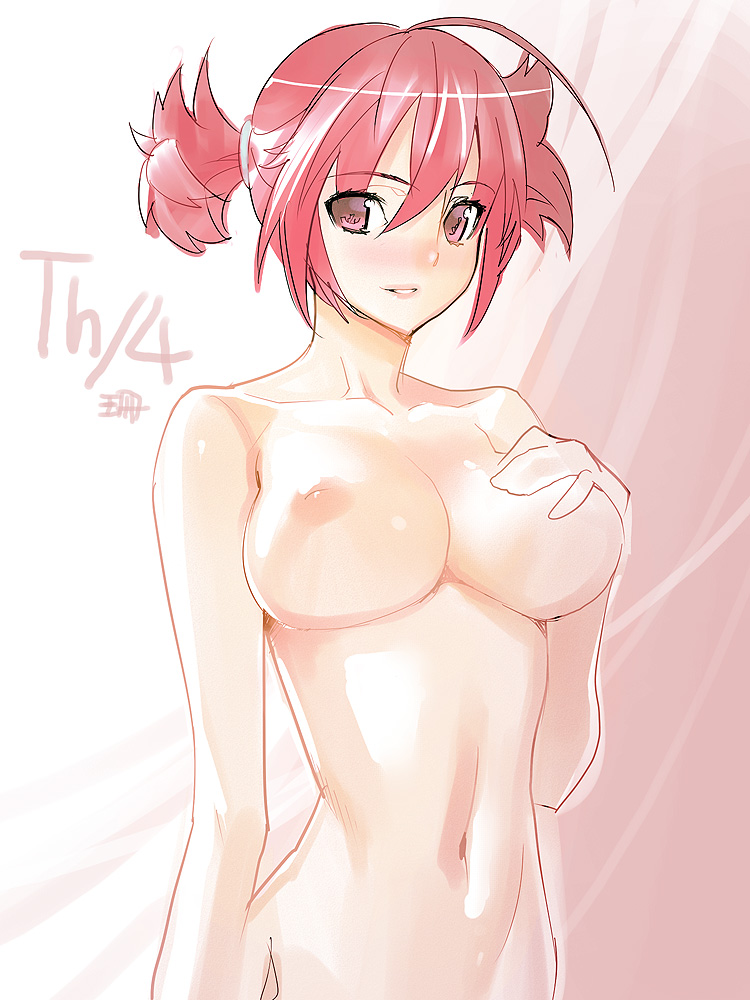 sanbasou, original, 1girl, blush, breasts, female focus, inverted nipples, light smile, medium breasts, navel, nipples, nude, perky breasts, red eyes, red hair, short hair, solo, twintails, upper body