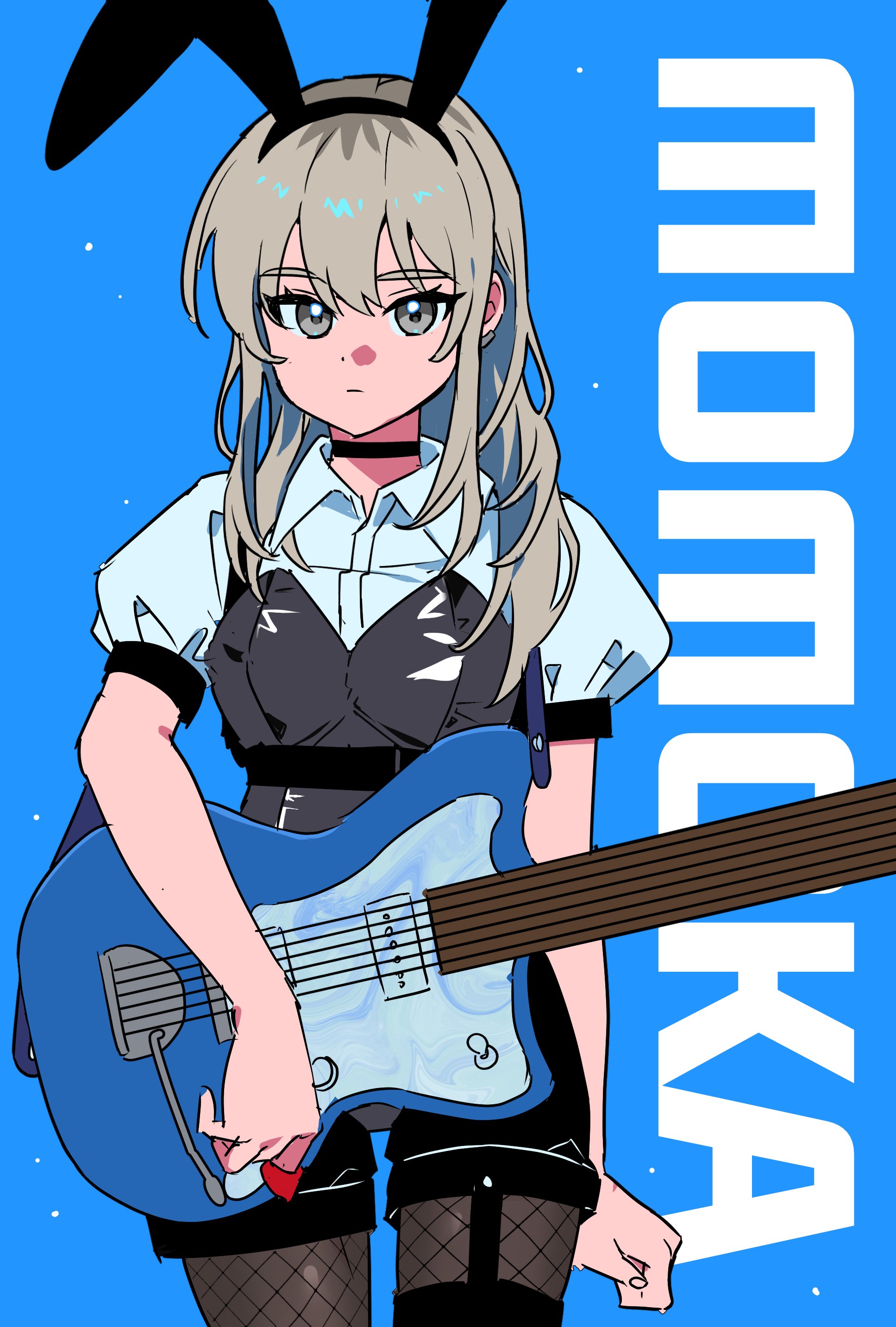habsida (habsida hpy), kawaragi momoka, girls band cry, absurdres, commentary, english commentary, highres, 1girl, animal ear hairband, animal ears, black choker, black leotard, black pantyhose, blue background, character name, choker, closed mouth, electric guitar, expressionless, fake animal ears, fishnet pantyhose, fishnets, garter straps, grey eyes, grey hair, guitar, hairband, holding, holding plectrum, instrument, leotard, looking at viewer, pantyhose, playboy bunny, plectrum, rabbit ear hairband, rabbit ears, shirt, short sleeves, simple background, solo, strapless, strapless leotard, white shirt