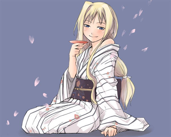 alicia florence, aria (manga), artist request, 00s, 1girl, alternate costume, blonde hair, blue eyes, blush, cherry blossoms, drinking, drunk, female focus, japanese clothes, kimono, long hair, petals, sitting, smile, solo, yokozuwari
