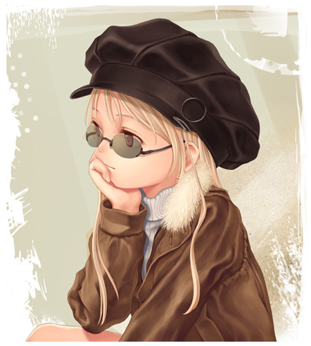 toyoyo, original, 1girl, blonde hair, brown eyes, female focus, glasses, hat, jacket, long hair, solo, sunglasses, sweater, turtleneck