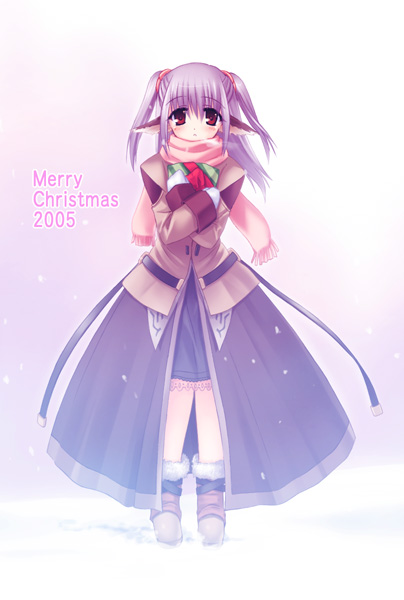 na-ga, 1girl, animal ears, blush, christmas, female focus, gift, holding, holding gift, scarf, snow, solo, twintails