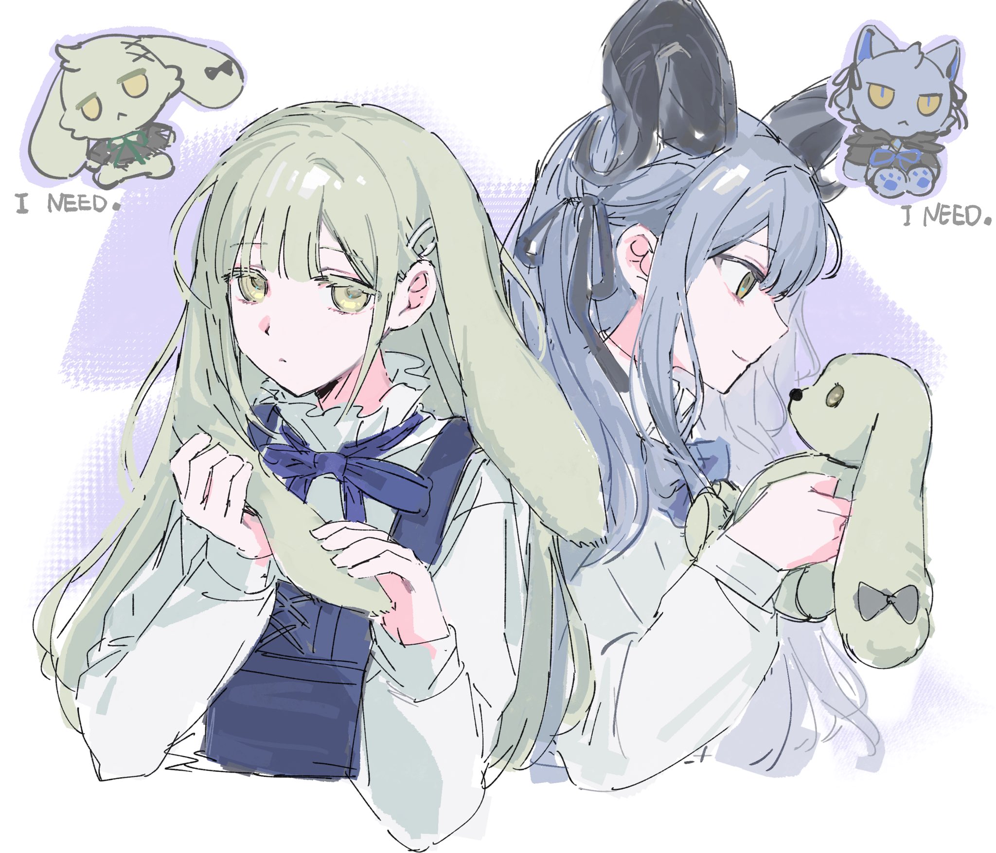 kuukip, togawa sakiko, wakaba mutsumi, arknights, bang dream!, bang dream! it's mygo!!!!!, highres, 2girls, animal ears, animalization, black horns, black ribbon, blue hair, blue ribbon, closed mouth, cropped torso, curled horns, english text, floppy ears, hair ribbon, holding, holding stuffed toy, horns, long hair, looking at viewer, multiple girls, neck ribbon, profile, rabbit ears, ribbon, shirt, sidelocks, stuffed animal, stuffed cat, stuffed toy, togawa sakiko (master of melodia), upper body, wakaba mutsumi (marionette's id), white shirt, yellow eyes