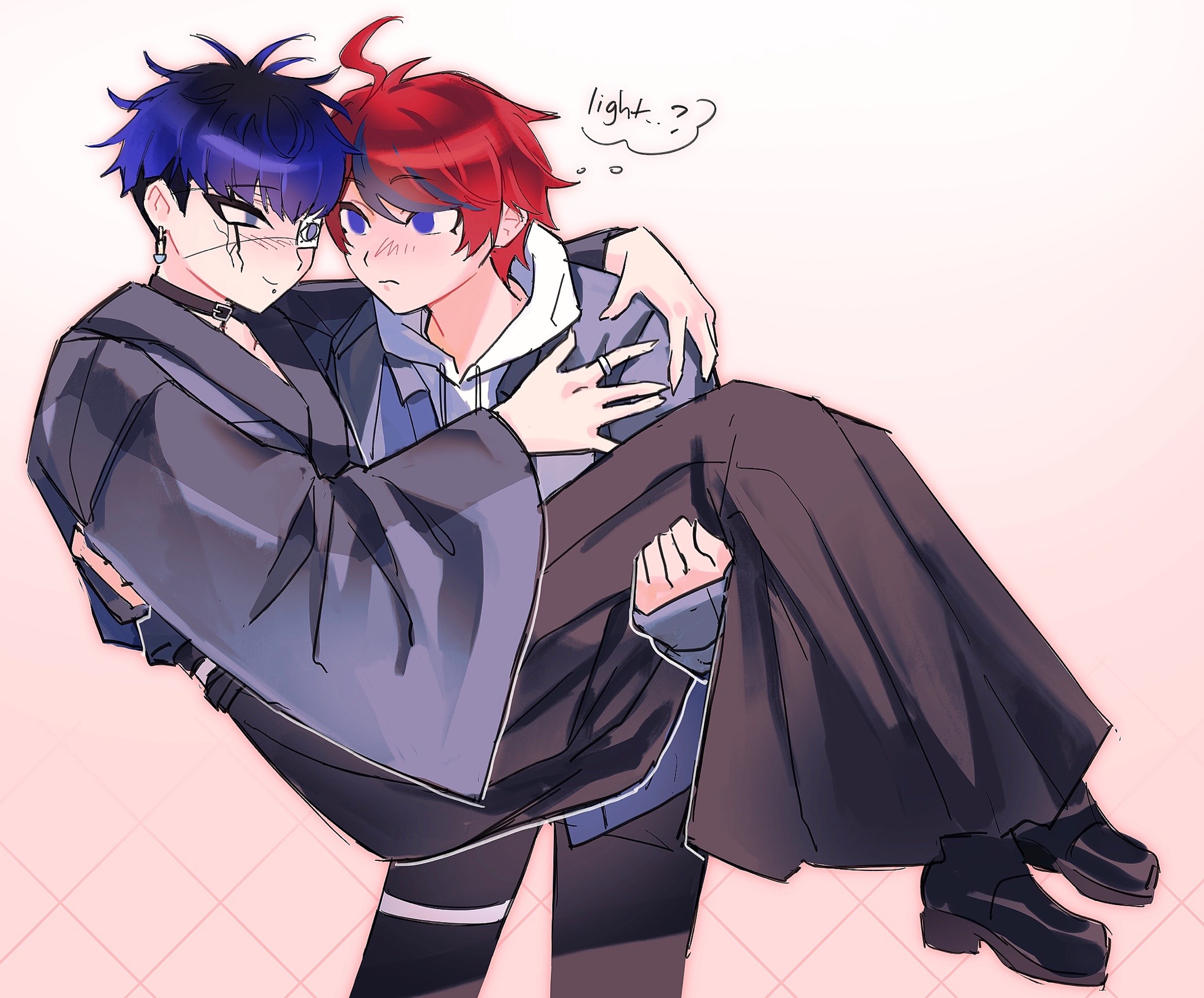 babykatafan, omokage yugamu, sumino takumi, the hundred line -last defense academy-, commentary, english commentary, highres, 2boys, ahoge, black hair, black hakama, black kimono, black pants, black shoes, blue eyes, blue hair, carrying, closed mouth, drawstring, earrings, english text, grey jacket, hakama, hood, hood down, hoodie, jacket, jacket over hoodie, japanese clothes, jewelry, kimono, long sleeves, male focus, multicolored hair, multiple boys, open clothes, open jacket, pants, princess carry, print eyepatch, red hair, ring, roots (hair), shoes, short hair, sleeves past wrists, smile, speech bubble, streaked hair, thigh strap, thought bubble, two-tone hair, white hoodie, wide sleeves, yaoi