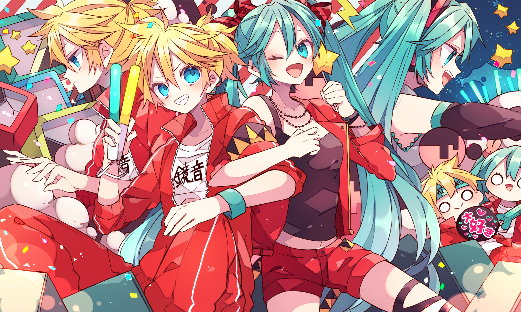 kaho 0102, hatsune miku, kagamine len, vocaloid, commentary request, highres, 1boy, 1girl, ;d, bare shoulders, black shirt, black sleeves, blonde hair, blue eyes, blue hair, blush, chibi, cowboy shot, detached sleeves, double-parted bangs, glowstick, grin, hair between eyes, holding, holding glowstick, jacket, locked arms, long hair, long sleeves, looking at viewer, midriff, multiple views, navel, one eye closed, open clothes, open jacket, open mouth, pants, red jacket, red pants, red shorts, shirt, short hair, shorts, smile, star (symbol), twintails, white shirt