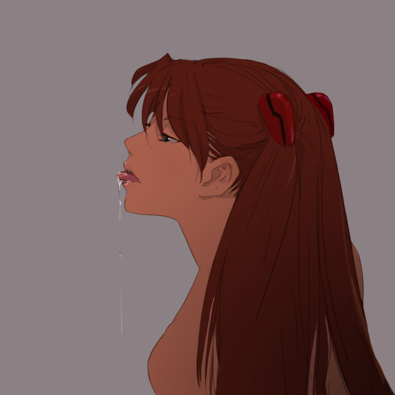 mebae, souryuu asuka langley, neon genesis evangelion, 1girl, :p, blue eyes, completely nude, drooling, female focus, from side, grey background, headgear, long hair, nude, orange hair, profile, saliva, saliva trail, simple background, solo, tongue, tongue out, topless frame, twintails, upper body, very long hair