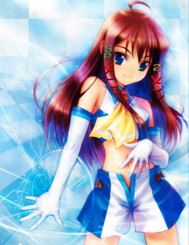 fuyude yuri, xp-tan, os-tan, wandaba style, jpeg artifacts, third-party edit, 1girl, blue eyes, brown hair, cosplay, elbow gloves, female focus, gloves, long hair, midriff, shorts, solo, xp-tan (cosplay), xp (cosplay)
