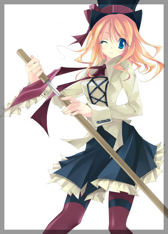 yudesoba, original, 1girl, blonde hair, blue eyes, female focus, frills, hat, katana, necktie, pantyhose, short hair, solo, sword, top hat, wavy hair, weapon