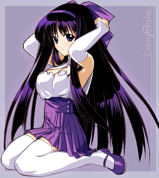 bow, elbow gloves, gloves, kneeling, long hair, mary janes, purple eyes, purple hair, purple shoes, purple theme, shoes, solo, thighhighs, white thighhighs