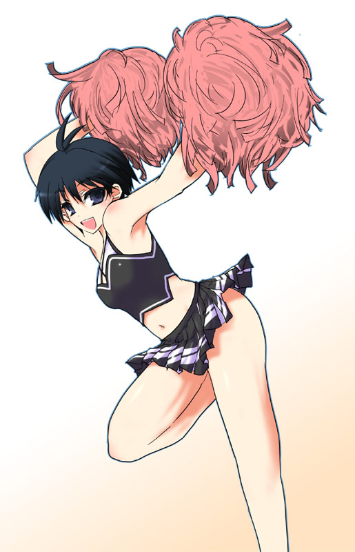 tagme, black hair, blue eyes, cheerleader, midriff, pom pom (cheerleading), short hair, solo