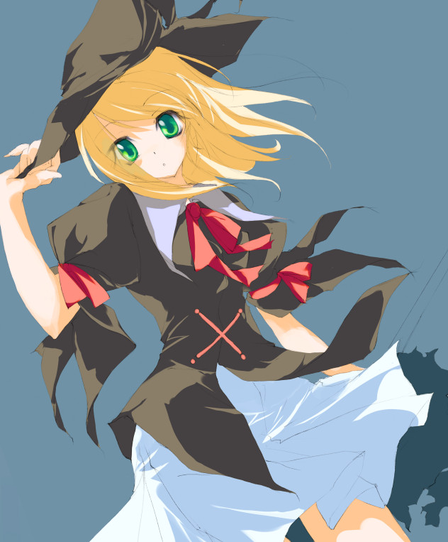 yudesoba, 1girl, blonde hair, female focus, green eyes, hat, short hair, simple background, solo, witch hat