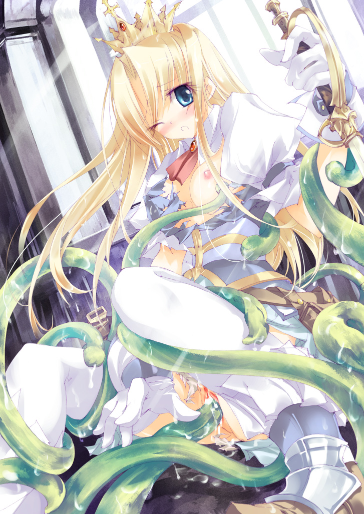 yudesoba, arch, belt, blonde hair, blue eyes, blush, breasts, crown, cum, cumdrip, flat chest, gloves, hat, long hair, monster, nipples, no bra, no panties, one eye closed, open clothes, open mouth, open shirt, penis, pouch, princess, pussy, rape, sex, sword, tentacles, thighhighs, torn clothes, uncensored, utility belt, weapon, wet, window, wink