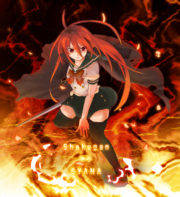 sazame, alastor (shakugan no shana), shana, shakugan no shana, 00s, 1girl, female focus, jewelry, pendant, red hair, school uniform, serafuku, solo, sword, thighhighs, weapon