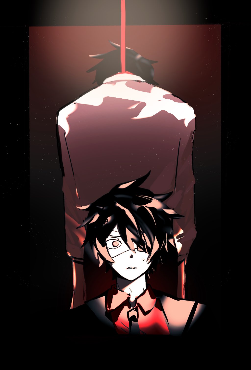 creeze, shinbashi (ooe), ooe (game), highres, 2boys, black hair, black jacket, black necktie, collared shirt, eyepatch, hanged, jacket, looking at viewer, male focus, multiple boys, necktie, red eyes, red shirt, shirt, short hair, suicide