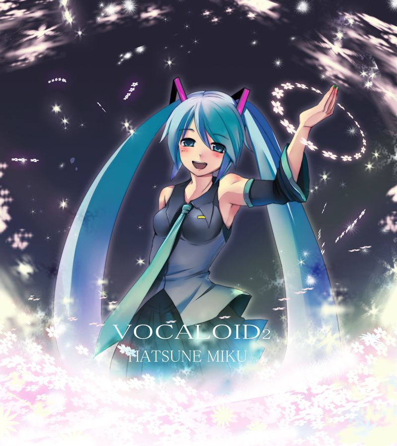 sazame, hatsune miku, vocaloid, 1girl, :d, aqua hair, armpits, black skirt, blush, character name, collared shirt, copyright name, cowboy shot, detached sleeves, female focus, flower, glowing, grey shirt, hair between eyes, hair ornament, hand up, headphones, long hair, looking at viewer, miniskirt, necktie, open mouth, pleated skirt, shirt, skirt, smile, solo, twintails