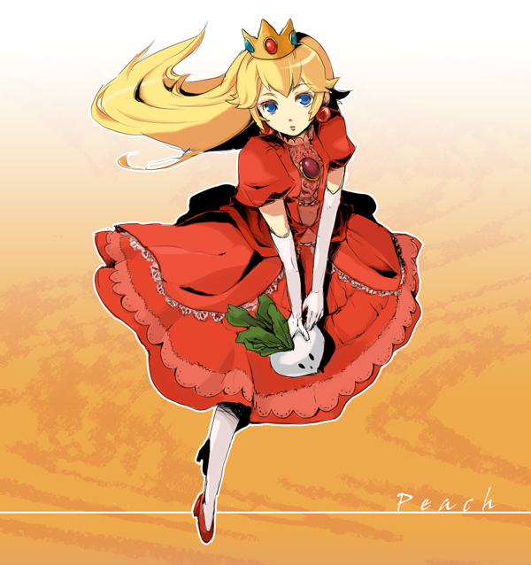 sazame, yuki (popopo), princess peach, mario (series), nintendo, super smash bros., 1girl, alternate color, blonde hair, blue eyes, crown, dress, earrings, elbow gloves, female focus, food, gloves, jewelry, long hair, radish, red dress, solo, vegetable
