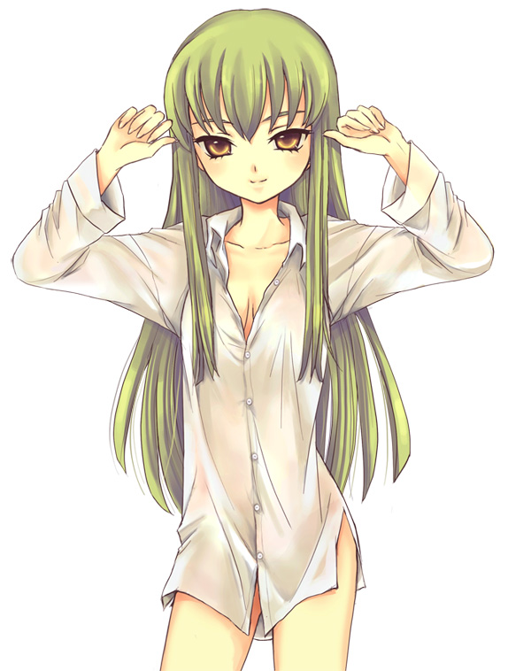 c.c., code geass, 00s, 1girl, breasts, brown eyes, cleavage, female focus, green hair, long hair, medium breasts, no pants, shirt, solo